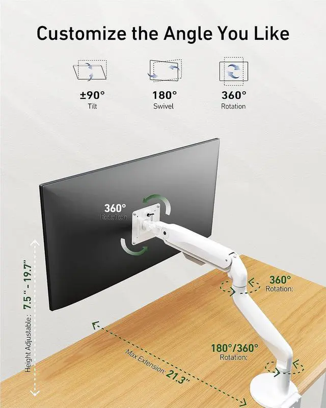 Alt view image 5 of 6 - Ultrawide Single Monitor Mount, Adjustable Gas Spring Monitor Arm for 17 to 49 inch Screens, 75/100 Vesa Mount with C-Clamp and Grommet Base, White