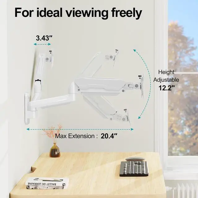 Alt view image 5 of 7 - MOUNT PRO Dual Monitor Wall Mount for 13 to 32 Inch Computer Screens, Gas Spring Wall Monitor Arm for 2 Monitors, Each Holds Up to 19.8lbs, Adjustable Wall Monitor Mount with VESA 75x75/100x100, White