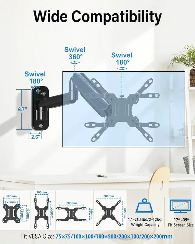 Alt view image 2 of 7 - MOUNTUP Monitor Wall Mount for 17-35 Inch Computer Screen, Gas Spring Single Monitor Arm with VESA Extension Kit for VESA 75x75, 100x100, 100x200, 200x100, 200x200, Support 4.4-26.5lbs Display, Black