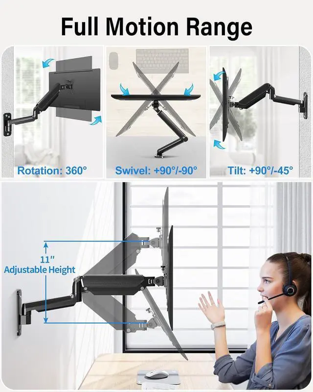 Alt view image 3 of 7 - MOUNTUP Monitor Wall Mount for 17-35 Inch Computer Screen, Gas Spring Single Monitor Arm with VESA Extension Kit for VESA 75x75, 100x100, 100x200, 200x100, 200x200, Support 4.4-26.5lbs Display, Black