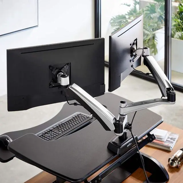 Alt view image 2 of 7 - Vari Dual Monitor Arm - VESA Monitor Mount w/ 360 Degree Adjustment - Monitors up to 27 inches, 19.8 lbs - Double Monitor Arms with Full Adjustability - Computer Monitor Stand for Home or Office