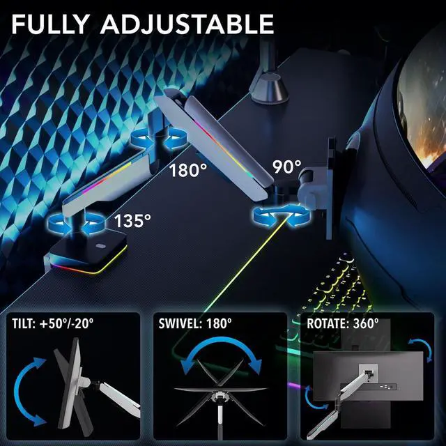 Alt view image 4 of 7 - Mount-It! Heavy Duty Dual Monitor Arm up to 35 in. 44 lbs Screens, RGB Lights, 75x75 100x100 VESA Desk Mount for 2 Widescreen Curved Monitors 27 32 34 35 inches, Gas Spring, Clamp, Grommet, RGB Lights