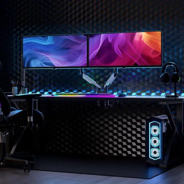 Alt view image 5 of 7 - Mount-It! Heavy Duty Dual Monitor Arm up to 35 in. 44 lbs Screens, RGB Lights, 75x75 100x100 VESA Desk Mount for 2 Widescreen Curved Monitors 27 32 34 35 inches, Gas Spring, Clamp, Grommet, RGB Lights