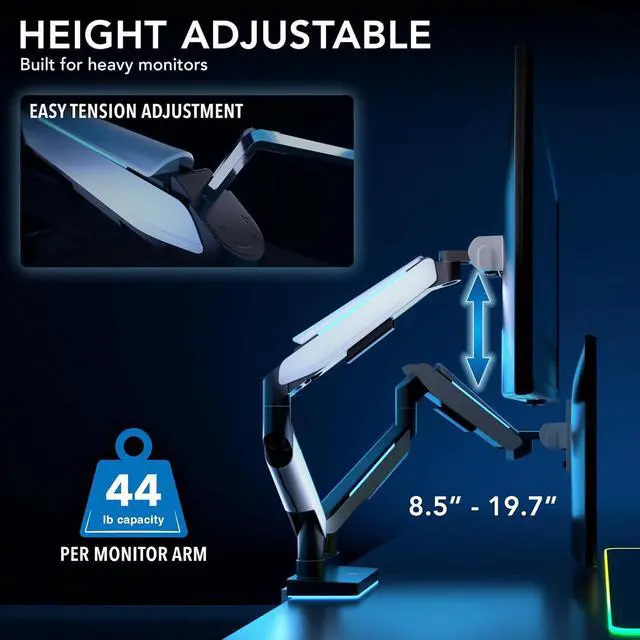 Alt view image 6 of 7 - Mount-It! Heavy Duty Dual Monitor Arm up to 35 in. 44 lbs Screens, RGB Lights, 75x75 100x100 VESA Desk Mount for 2 Widescreen Curved Monitors 27 32 34 35 inches, Gas Spring, Clamp, Grommet, RGB Lights