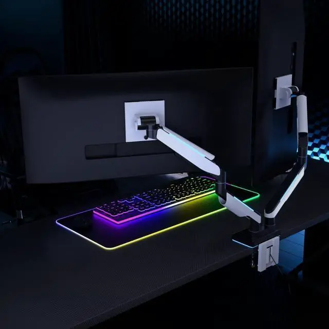 Alt view image 7 of 7 - Mount-It! Heavy Duty Dual Monitor Arm up to 35 in. 44 lbs Screens, RGB Lights, 75x75 100x100 VESA Desk Mount for 2 Widescreen Curved Monitors 27 32 34 35 inches, Gas Spring, Clamp, Grommet, RGB Lights
