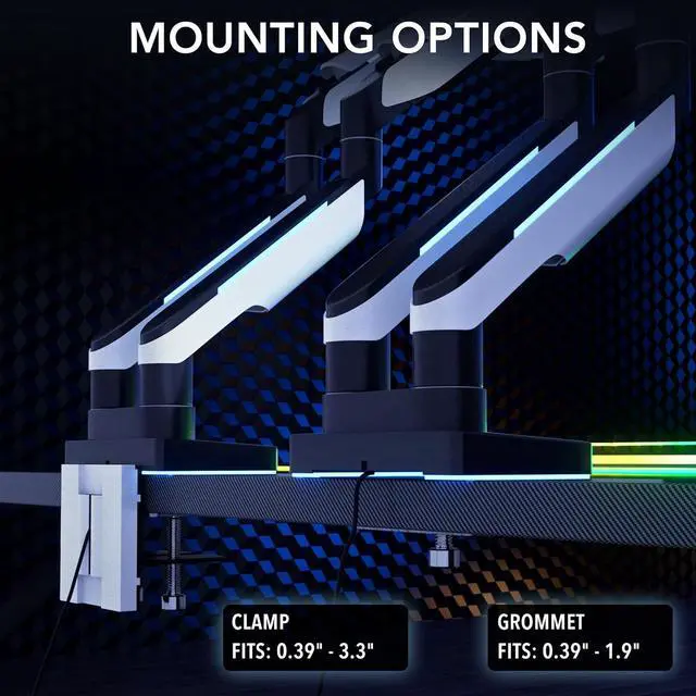 Alt view image 3 of 7 - Mount-It! Heavy Duty Dual Monitor Arm up to 35 in. 44 lbs Screens, RGB Lights, 75x75 100x100 VESA Desk Mount for 2 Widescreen Curved Monitors 27 32 34 35 inches, Gas Spring, Clamp, Grommet, RGB Lights