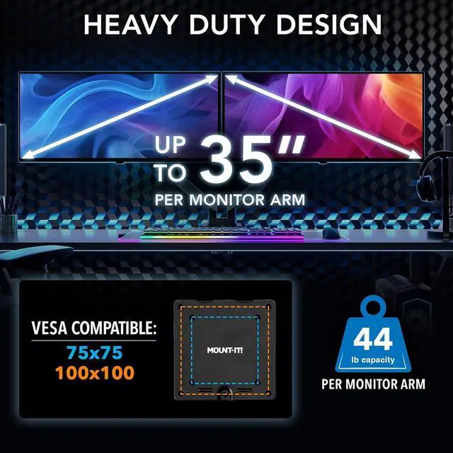Alt view image 2 of 7 - Mount-It! Heavy Duty Dual Monitor Arm up to 35 in. 44 lbs Screens, RGB Lights, 75x75 100x100 VESA Desk Mount for 2 Widescreen Curved Monitors 27 32 34 35 inches, Gas Spring, Clamp, Grommet, RGB Lights