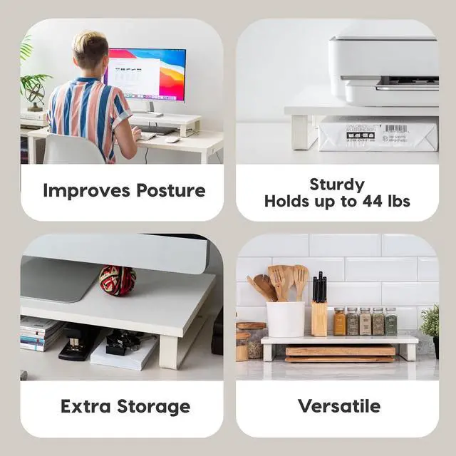 Alt view image 3 of 7 - IRIS USA 1-Tier Multi-Purpose Modern PC Monitor Organizer Stand with Metal Legs, Ergonomic Desktop and Countertop Riser for Computer Laptop TV Kitchen Pantry and Closet Organization, White