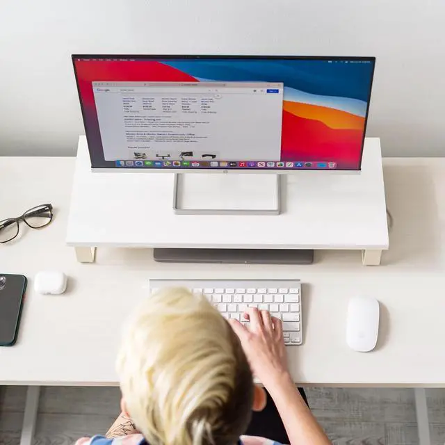 Alt view image 7 of 7 - IRIS USA 1-Tier Multi-Purpose Modern PC Monitor Organizer Stand with Metal Legs, Ergonomic Desktop and Countertop Riser for Computer Laptop TV Kitchen Pantry and Closet Organization, White