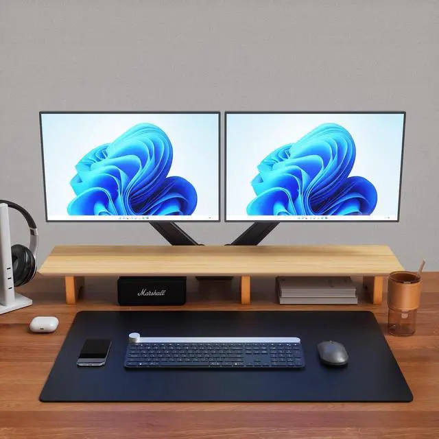 Alt view image 3 of 7 - Aothia Large Dual Monitor Stand Riser, Solid Wood Desk Shelf with Eco Cork Legs for Laptop Computer/TV/PC/Printers, Perfect Desktop Stands Organizer with Underneath Storage for Office Accessories