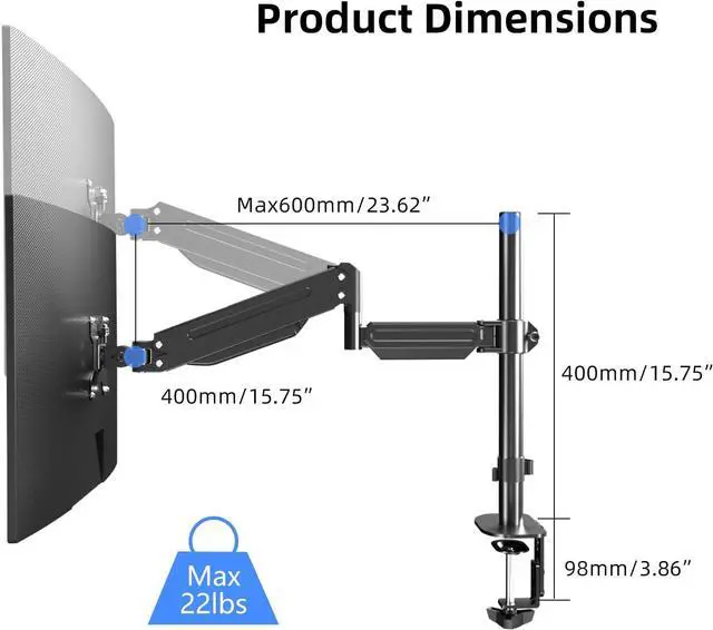 Alt view image 2 of 6 - Pholiten Premium Single Monitor Arm for 13-32 Inch Computer Holds 22 lbs,Gas Spring Monitor Stand for Desk with Swivel/Tilt/Rotation, VESA 75x75 or 100x100mm