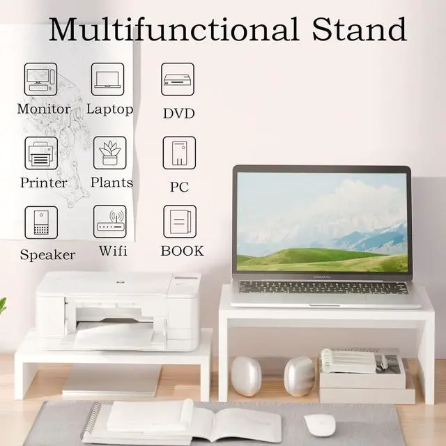 Alt view image 5 of 7 - TEAMIX Adjustable White Monitor Stand Riser - 2 Pack, Wood 2 Tier Adjustable Stand for 2 Monitors/Laptop/PC
