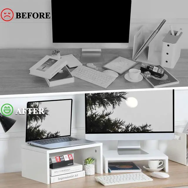 Alt view image 7 of 7 - TEAMIX Adjustable White Monitor Stand Riser - 2 Pack, Wood 2 Tier Adjustable Stand for 2 Monitors/Laptop/PC