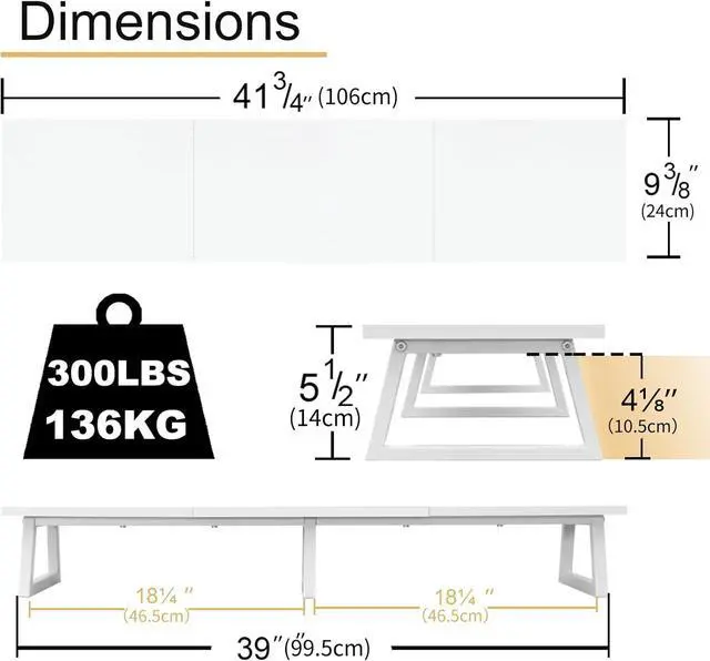 Alt view image 5 of 6 - TEAMIX White Dual Monitor Riser for 2 Monitors,-42inch, Wood Desktop Dual Stand with Metal Legs, Long Screen/PC/Laptop Storage,Computer Shelf TV Holder Home Office