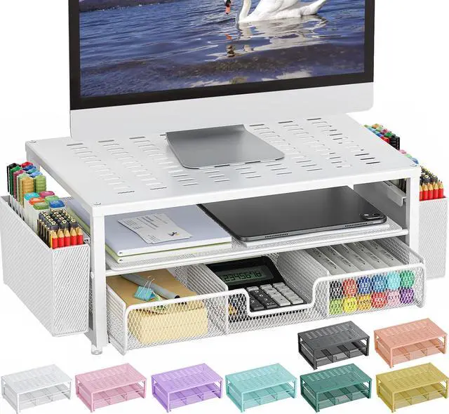 Main image of gianotter Desk Organizers and Accessories, Monitor Stand with Drawer and 2 Pen Holder, Desktop Organizer Suitable for Offices and Dormitories (White)