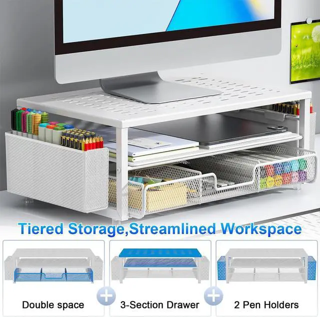 Alt view image 2 of 7 - gianotter Desk Organizers and Accessories, Monitor Stand with Drawer and 2 Pen Holder, Desktop Organizer Suitable for Offices and Dormitories (White)