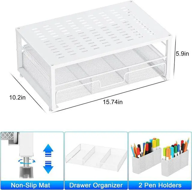 Alt view image 5 of 7 - gianotter Desk Organizers and Accessories, Monitor Stand with Drawer and 2 Pen Holder, Desktop Organizer Suitable for Offices and Dormitories (White)