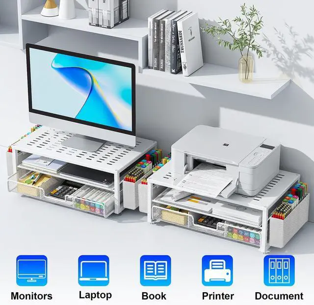 Alt view image 6 of 7 - gianotter Desk Organizers and Accessories, Monitor Stand with Drawer and 2 Pen Holder, Desktop Organizer Suitable for Offices and Dormitories (White)