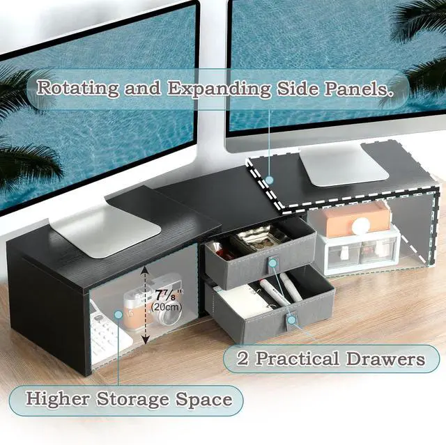 Alt view image 3 of 7 - TEAMIX Dual Monitor Stand Riser with 2 Drawers-Length and Angle Adjustable 3 shelf Monitor Riser with Storage Desk Organizer Large Computer Monitor Stand for 2 Monitors/Laptop/PC,Wood Screen/TV Stand