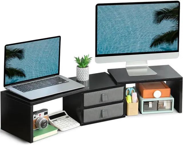 Main image of TEAMIX Dual Monitor Stand Riser with 2 Drawers-Length and Angle Adjustable 3 shelf Monitor Riser with Storage Desk Organizer Large Computer Monitor Stand for 2 Monitors/Laptop/PC,Wood Screen/TV Stand