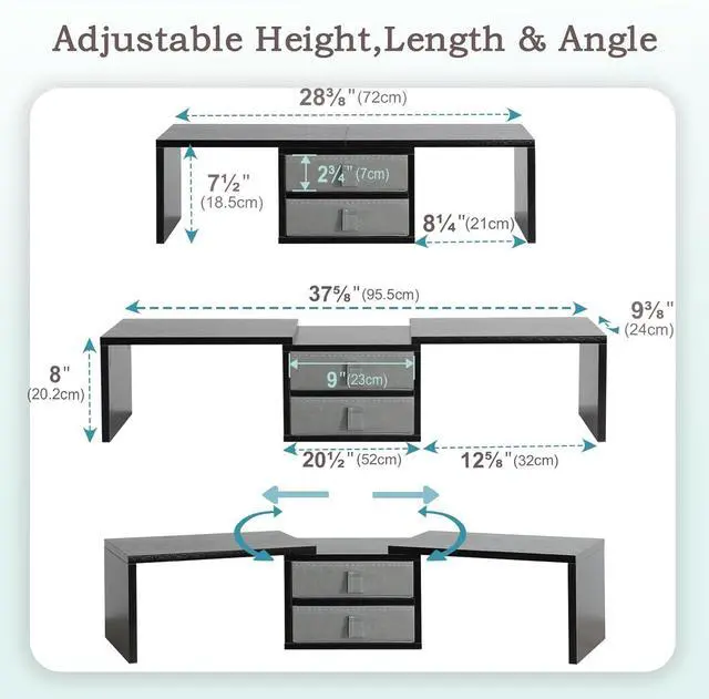 Alt view image 5 of 7 - TEAMIX Dual Monitor Stand Riser with 2 Drawers-Length and Angle Adjustable 3 shelf Monitor Riser with Storage Desk Organizer Large Computer Monitor Stand for 2 Monitors/Laptop/PC,Wood Screen/TV Stand