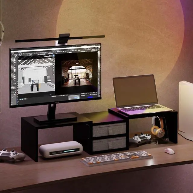 Alt view image 6 of 7 - TEAMIX Dual Monitor Stand Riser with 2 Drawers-Length and Angle Adjustable 3 shelf Monitor Riser with Storage Desk Organizer Large Computer Monitor Stand for 2 Monitors/Laptop/PC,Wood Screen/TV Stand