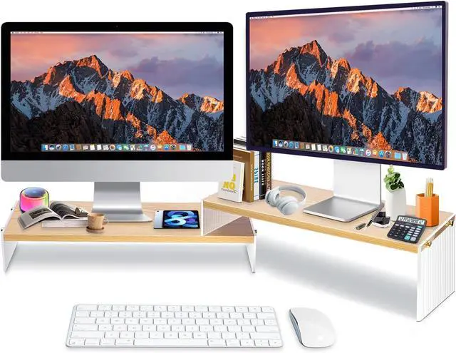 Alt view image 2 of 7 - YGYQZ Wood Adjustable Monitor Riser for Desk, 2 Tier Dual Monitor Stand with Acrylic Legs Office Desk Shelf Organizer for Laptop, PC, Printer, Computer (wood-wavy)