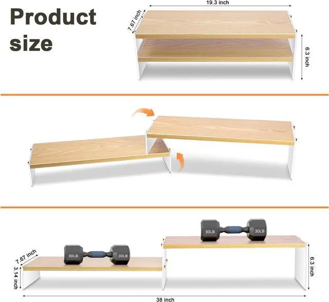 Alt view image 3 of 7 - YGYQZ Wood Adjustable Monitor Riser for Desk, 2 Tier Dual Monitor Stand with Acrylic Legs Office Desk Shelf Organizer for Laptop, PC, Printer, Computer (wood-wavy)