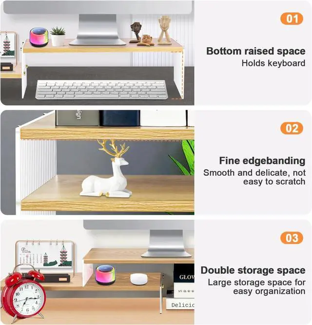 Alt view image 5 of 7 - YGYQZ Wood Adjustable Monitor Riser for Desk, 2 Tier Dual Monitor Stand with Acrylic Legs Office Desk Shelf Organizer for Laptop, PC, Printer, Computer (wood-wavy)