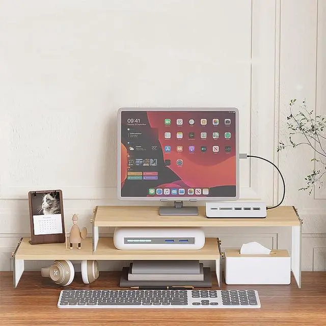Alt view image 4 of 7 - YGYQZ Wood Adjustable Monitor Riser for Desk, 2 Tier Dual Monitor Stand with Acrylic Legs Office Desk Shelf Organizer for Laptop, PC, Printer, Computer (wood-wavy)