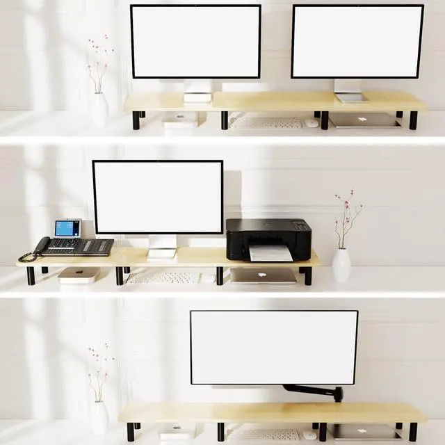 Alt view image 3 of 7 - Large Extra Long Monitor Stand Riser 43.7in,Dual Monitor Riser, Wide TV Stand for 2 Monitors, Wood & Steel Leg Adjustable Height Desktop Riser, Home Office Organization. (Natural)