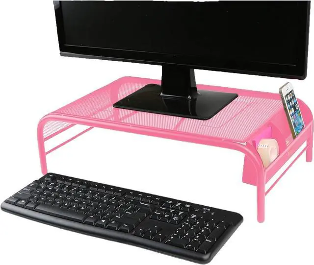Alt view image 5 of 7 - Mind Reader Monitor Stand, Ventilated Laptop Riser, Desktop Organizer, Side Storage, Metal Mesh, 20" L x 11.5" W x 5.5" H, Pink