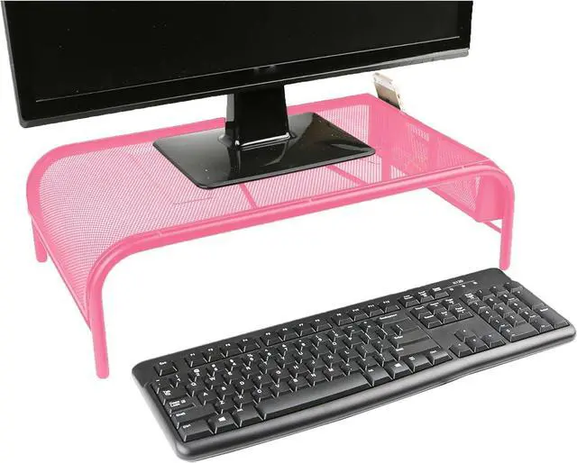 Alt view image 3 of 7 - Mind Reader Monitor Stand, Ventilated Laptop Riser, Desktop Organizer, Side Storage, Metal Mesh, 20" L x 11.5" W x 5.5" H, Pink