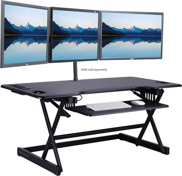 Alt view image 2 of 7 - Rocelco 46" Height Adjustable Standing Desk Converter with AC USB Charger and Anti Fatigue Floor Mat - Sit Stand Up Triple Screen Riser Workstation - Keyboard Tray - Black (R DADRB-46-ACUSB-MAFM)