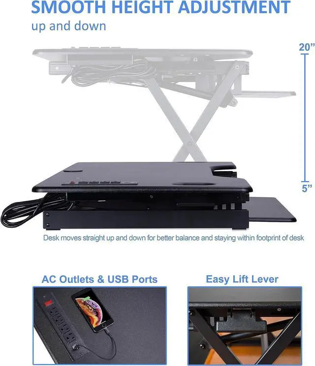 Alt view image 4 of 7 - Rocelco 46" Height Adjustable Standing Desk Converter with AC USB Charger and Anti Fatigue Floor Mat - Sit Stand Up Triple Screen Riser Workstation - Keyboard Tray - Black (R DADRB-46-ACUSB-MAFM)
