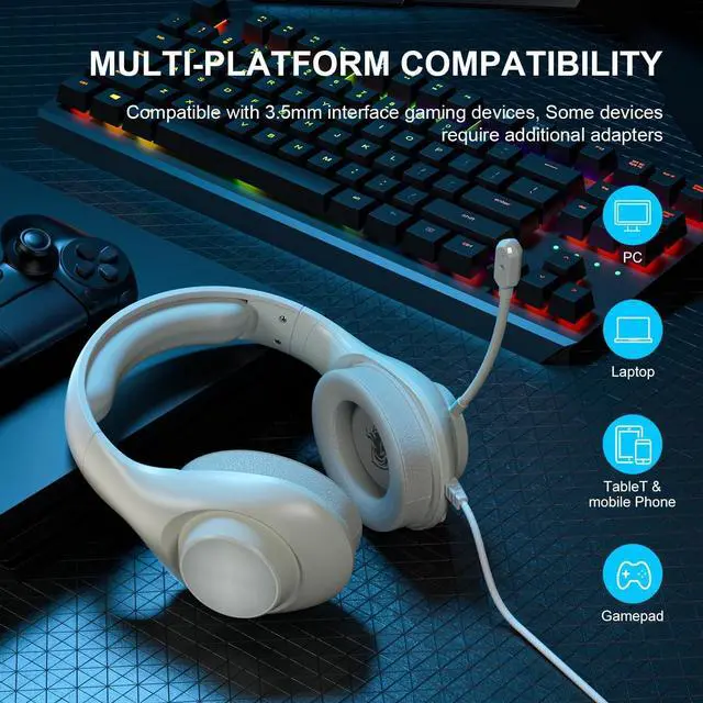 Alt view image 7 of 7 - Gaming Headset for PS5 PS4 PC, Wired Headsets with 7.1 Surround Sound, H-7 Gaming Over Ear Headphones with Noise Cancelling Flexible Mic Memory Earmuffs, for PC/PS5/PS4/XboxSeries X/S/Switch (White)