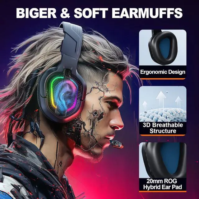 Alt view image 3 of 6 - Krysenix Gaming Headset for PS4, PS5, PC, Mac, Xbox Series X, Noise Canceling Headphones with Microphone, PG2 Computer Headset with 3.5mm Jack & RGB Light Black/Blue