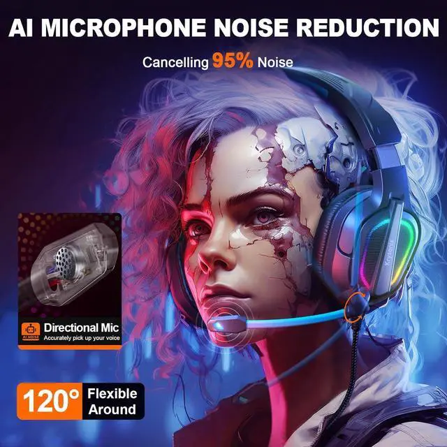 Alt view image 5 of 6 - Krysenix Gaming Headset for PS4, PS5, PC, Mac, Xbox Series X, Noise Canceling Headphones with Microphone, PG2 Computer Headset with 3.5mm Jack & RGB Light Black/Blue