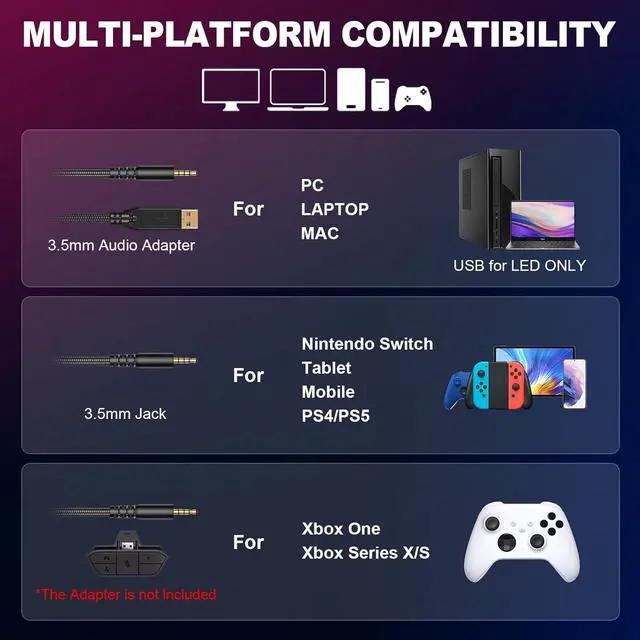 Alt view image 6 of 6 - Krysenix Gaming Headset for PS4, PS5, PC, Mac, Xbox Series X, Noise Canceling Headphones with Microphone, PG2 Computer Headset with 3.5mm Jack & RGB Light Black/Blue