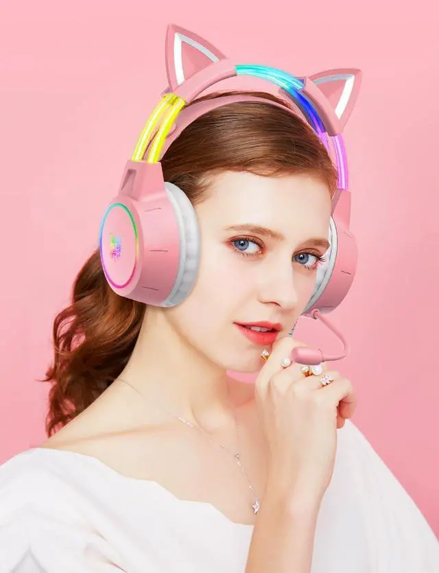 Alt view image 7 of 7 - Lightweight Gaming Headset with Detachable Cat Ears, RGB Lighting, Wired Over Ear Headphones with Mic for PC, PS4, PS5, Xbox, Switch, Stereo Surround Sound, Self-Adjusting Headband