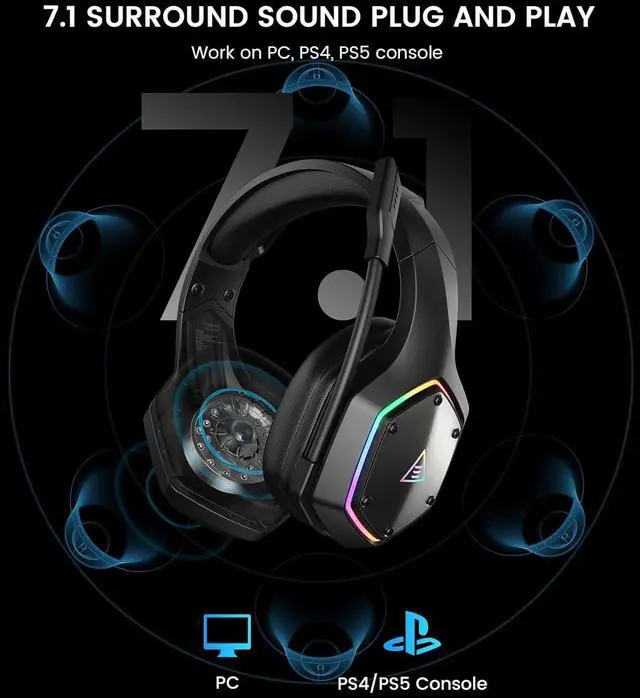 Alt view image 3 of 7 - EKSA Wireless Gaming Headset for PS4 PS5 PC, 7.1 Surround Sound Headset with Mic ENC & RGB Light, 36 Hour Battery, 2.4G USB Gaming Headphones for Computer, Laptop, 3.5mm Jack
