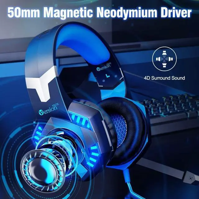 Alt view image 3 of 7 - VersionTECH. G2000 Gaming Headset for PS5 PS4 Xbox One Controller,Bass Surround Noise Cancelling Mic, Over Ear Headphones with LED Lights for Mac Laptop Xbox Series X S Nintendo Switch NES PC Games