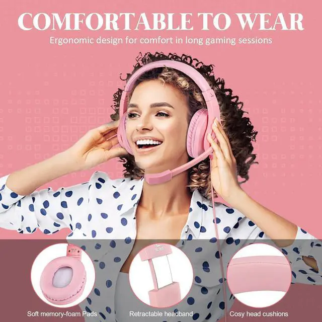 Alt view image 3 of 7 - DIWUER Gaming Headset for Xbox One, PS4, PS5, Nintendo Switch, Bass Surround and Noise Cancelling 3.5mm Over Ear Headphones with Mic for Laptop PC Smartphones, Pink