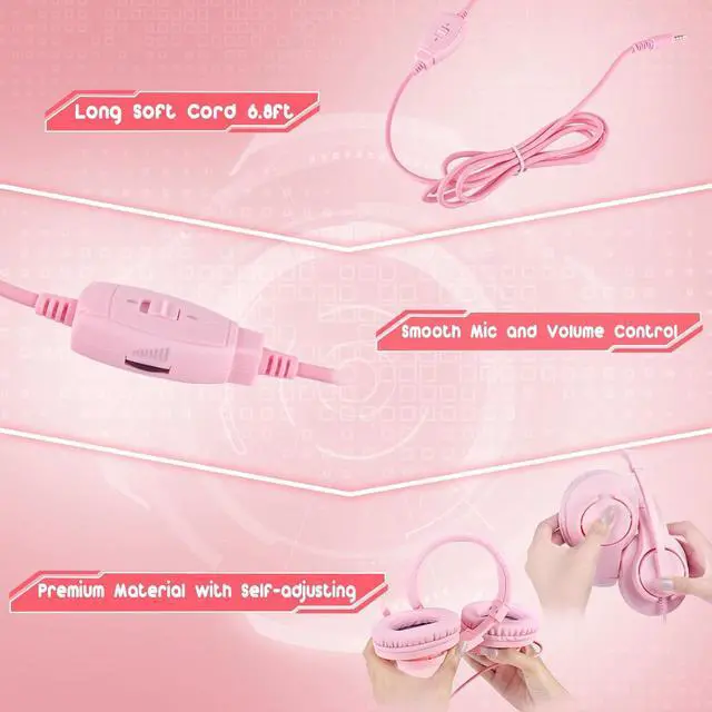 Alt view image 6 of 7 - DIWUER Gaming Headset for Xbox One, PS4, PS5, Nintendo Switch, Bass Surround and Noise Cancelling 3.5mm Over Ear Headphones with Mic for Laptop PC Smartphones, Pink