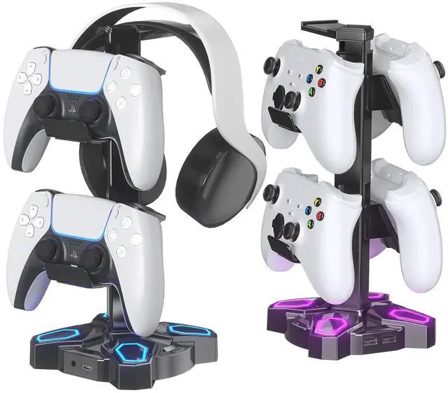Main image of KDD Gaming Headphones Stand, Rotatable Headset Stand with Light Modes - Controller Holder with 2 USB Charging Ports and 3.5mm - Earphone Hanger Accessories for Desktop Gamer(Black)