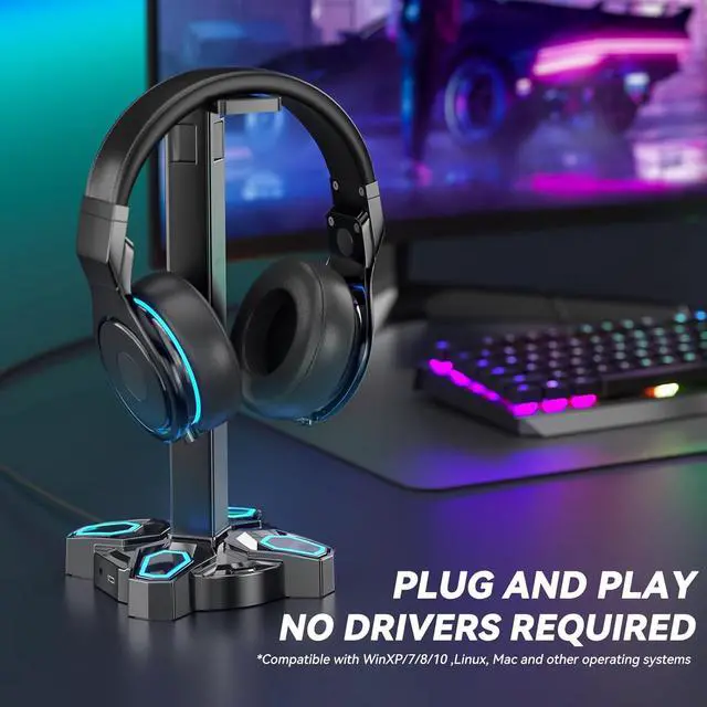 Alt view image 2 of 7 - KDD Gaming Headphones Stand, Rotatable Headset Stand with Light Modes - Controller Holder with 2 USB Charging Ports and 3.5mm - Earphone Hanger Accessories for Desktop Gamer(Black)