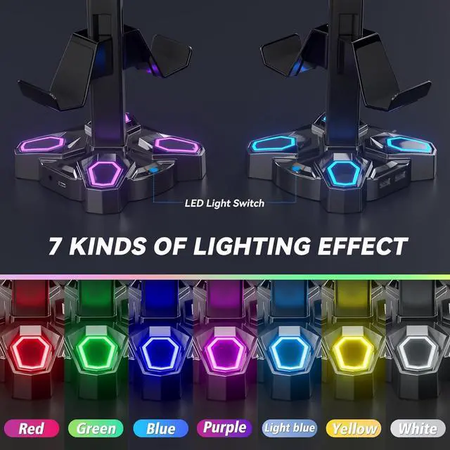 Alt view image 3 of 7 - KDD Gaming Headphones Stand, Rotatable Headset Stand with Light Modes - Controller Holder with 2 USB Charging Ports and 3.5mm - Earphone Hanger Accessories for Desktop Gamer(Black)
