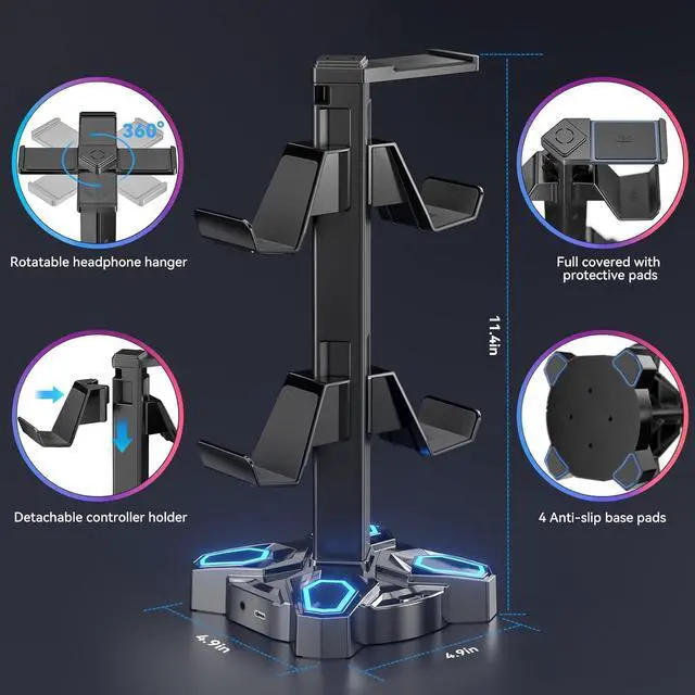 Alt view image 4 of 7 - KDD Gaming Headphones Stand, Rotatable Headset Stand with Light Modes - Controller Holder with 2 USB Charging Ports and 3.5mm - Earphone Hanger Accessories for Desktop Gamer(Black)