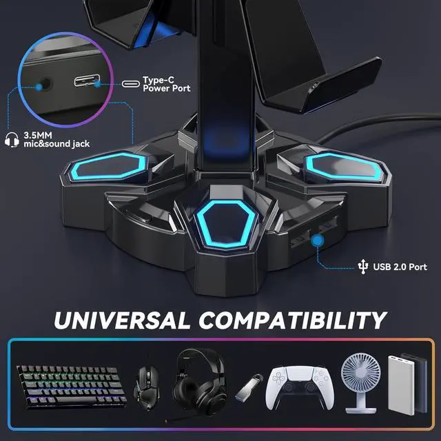 Alt view image 5 of 7 - KDD Gaming Headphones Stand, Rotatable Headset Stand with Light Modes - Controller Holder with 2 USB Charging Ports and 3.5mm - Earphone Hanger Accessories for Desktop Gamer(Black)