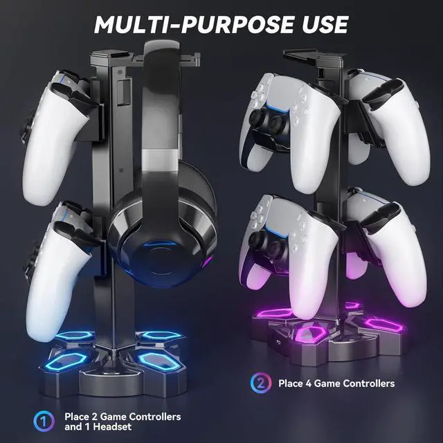 Alt view image 6 of 7 - KDD Gaming Headphones Stand, Rotatable Headset Stand with Light Modes - Controller Holder with 2 USB Charging Ports and 3.5mm - Earphone Hanger Accessories for Desktop Gamer(Black)
